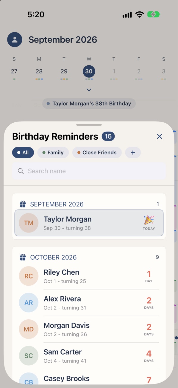 Upcoming birthdays in Overview+