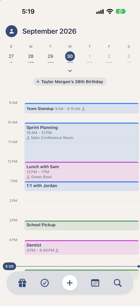The Overview+ day timeline with events from several calendars