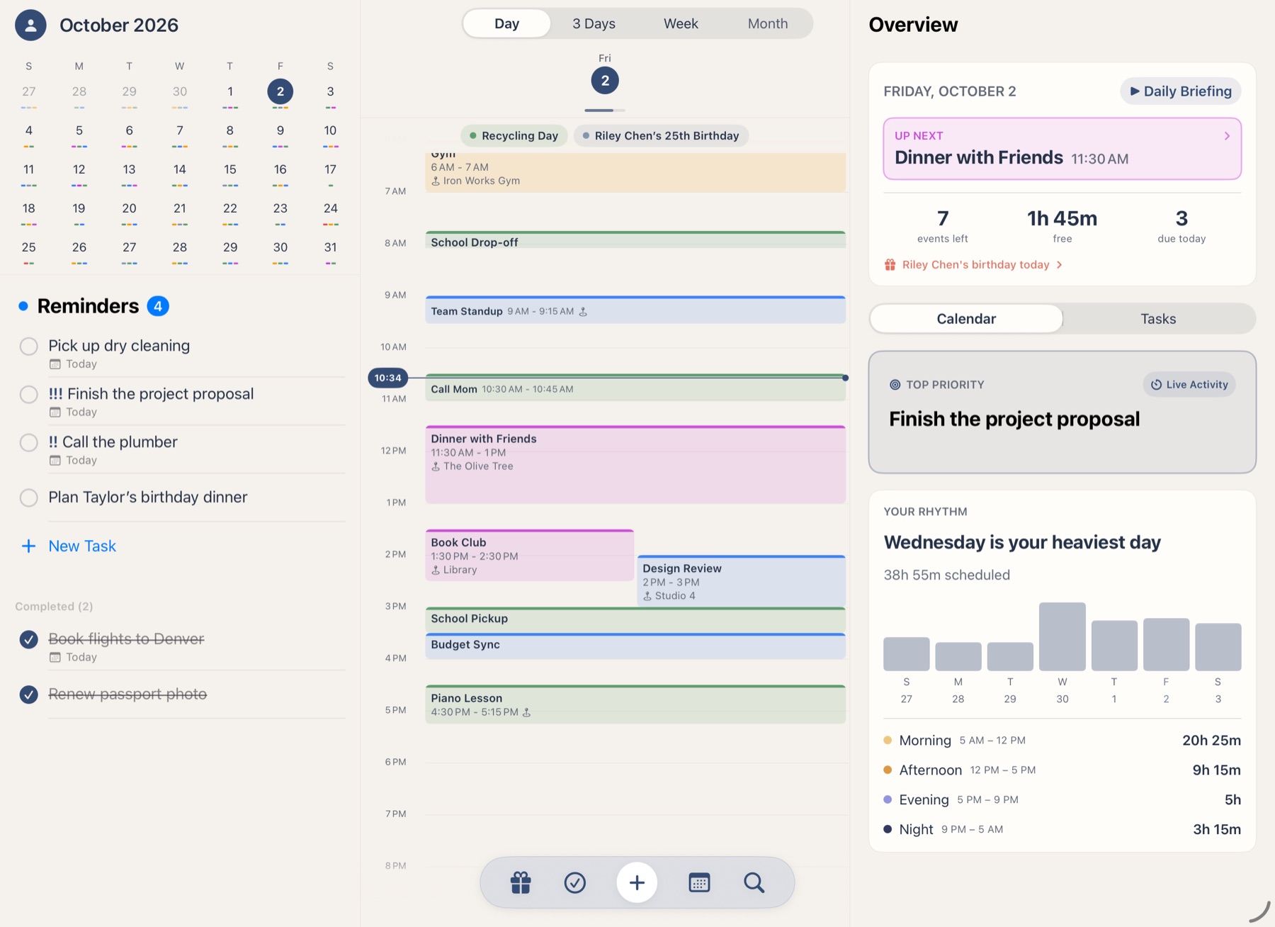 Overview+ on iPad in landscape: reminders, the day timeline and the Overview side by side