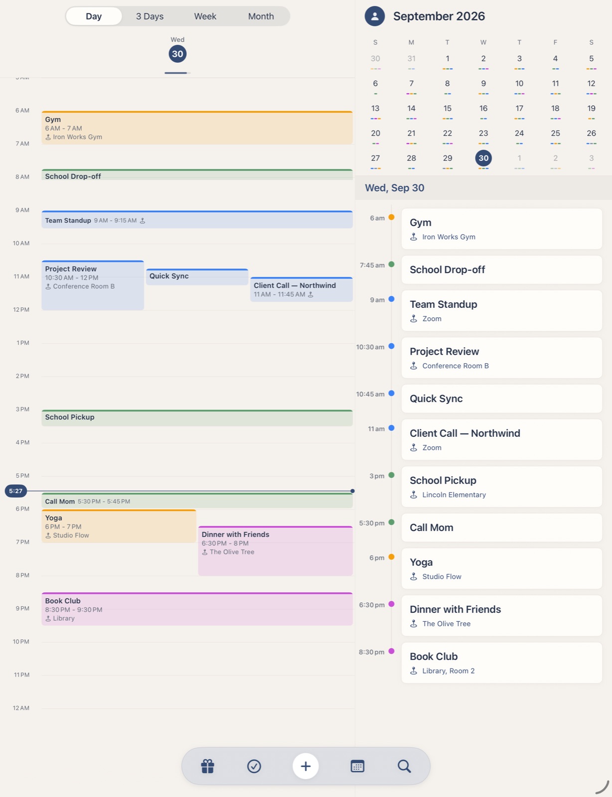 Overview+ on iPad in portrait: the day timeline beside the month and agenda