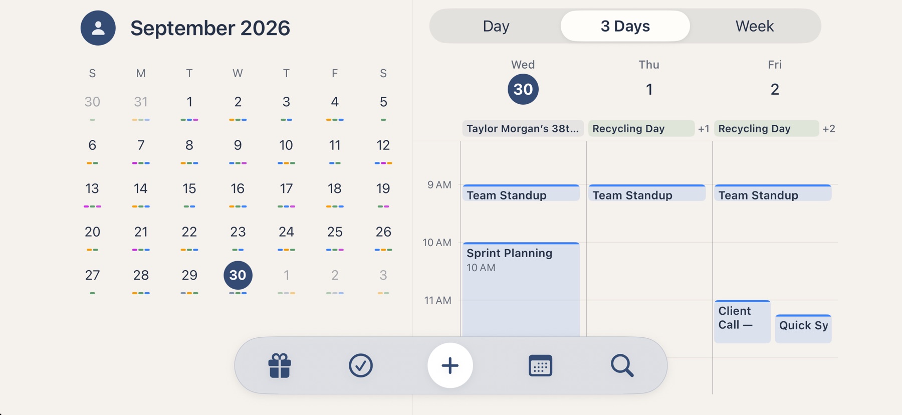 Overview+ in landscape: the month beside three days