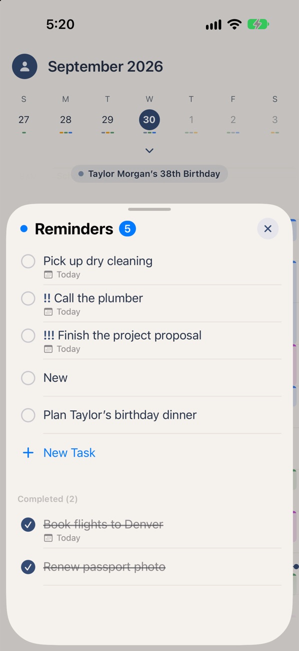 The Reminders card in Overview+